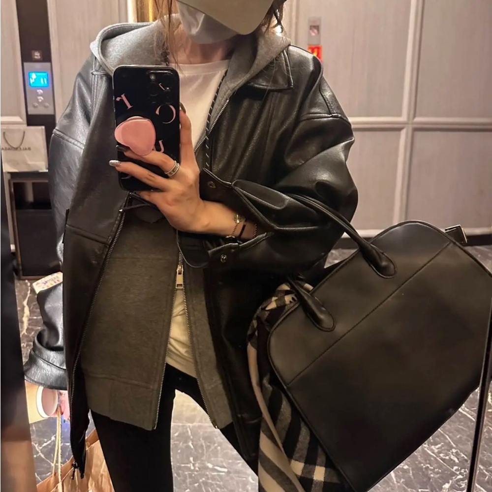 💥Last One💥 Oversized Faux Leather Jacket Vintage Biker Style Trendy Streetwear - Picture 4 of 5